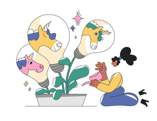 Woman watering idea bulbs growing as unicorns, creative concept