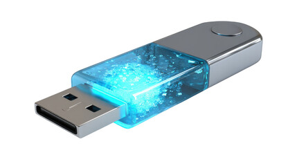 Usb flash drive glowing blue, representing digital data storage, modern technology, and data transfer on a transparent background