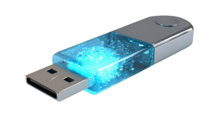 Usb flash drive glowing blue, representing digital data storage, modern technology, and data transfer on a transparent background