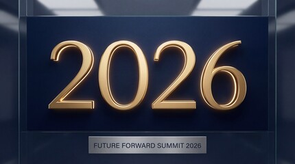 Golden three dimensional digital rendering prominently displays the future date 2026 signifying a significant upcoming global event or annual conference milestone achievement