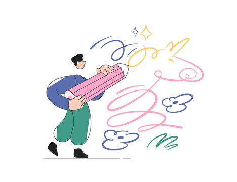 Man drawing a magical unicorn with a giant pencil, creative concept