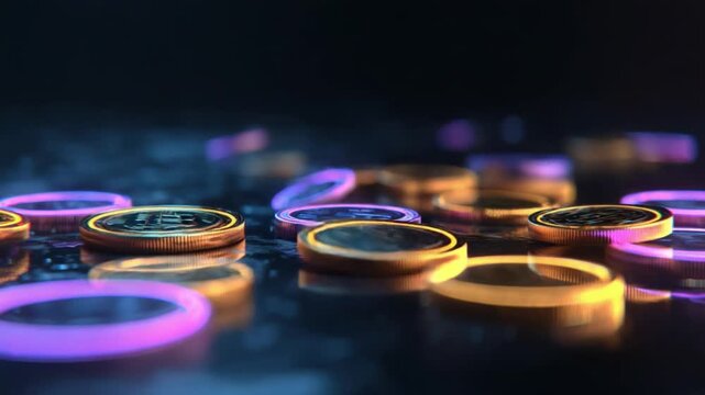 Glowing Currency: A close-up shot of stacks of coins, radiating an aura of wealth, finance, and investment. Reflective surfaces amplify the coins' visual impact and significance. 