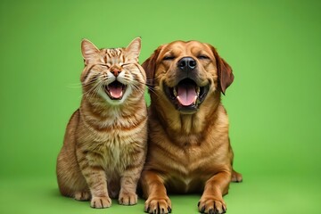 Fototapeta premium Happy ginger cat and golden dog laughing together on a green background, expressive pets, friendship concept