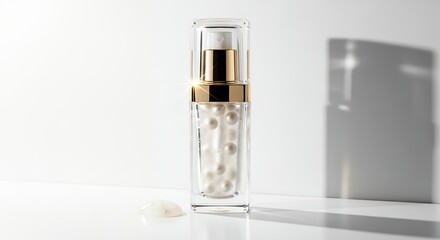 Luxury Anti-Aging Serum with Gold Accents on White Background.