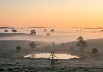 Winter Landscape with Foggy Pond and Trees at Sunrise