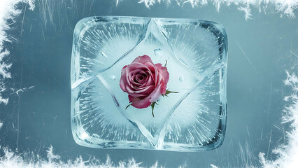 Frozen. Rose. Concept. A single red rosebud frozen inside a cracked ice cube with a frosty border, an artistic concept of preserved love, suspended time, and the cold beauty of winter.