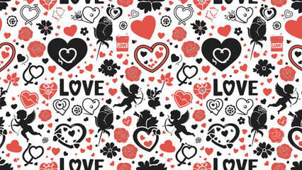 A seamless pattern of hearts birds and love lettering in black and red