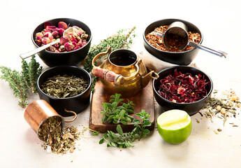 Herbal tea with medicinal herbs and flowers.