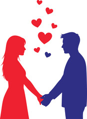 Silhouette of a couple holding hands with floating hearts above them