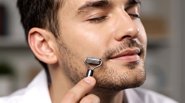 Man uses a dermaroller tool on his face for skincare