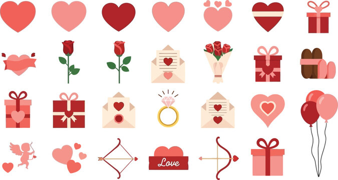 Collection of valentine s day themed icons including hearts roses and gifts