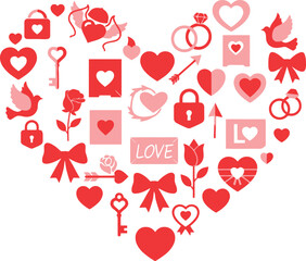 A heart shaped collage featuring love symbols like roses doves and arrows