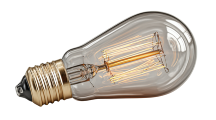 Vintage edison light bulb glowing with tungsten filament, symbolizing a bright idea, innovation, and creativity on transparent background