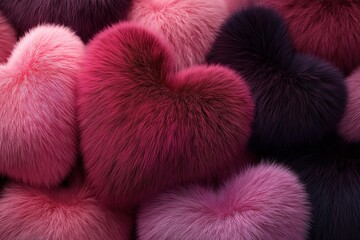 Soft heart-shaped decorations in various shades of pink and purple arranged together for display