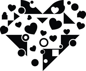 Black and white geometric heart shape with scattered shapes inside
