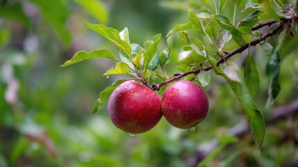 Bright red apples hang from branches in the orchard.
