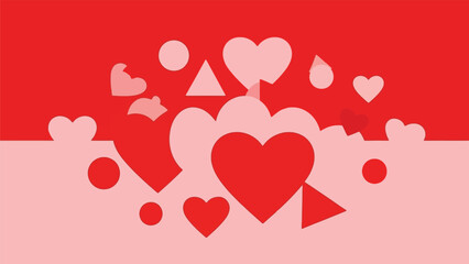 A vibrant red background with scattered pink and red heart shapes