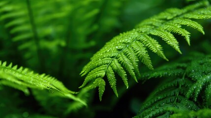 Vibrant green ferns in a tropical forest, close-up image.