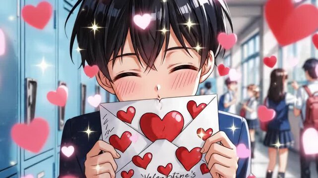 Sweet Classroom Romance, Nervous Schoolboy Quietly Shares Affectionate Note Amid Busy Hallway, Bashful Boy From School Discreetly Hands Over Gentle Love Note During Bustling Corridor Moments.