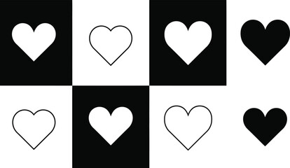 A grid of white and black hearts on a checkerboard pattern background