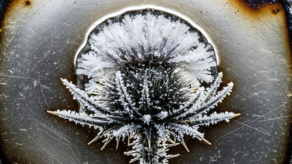 Abstract. Winter. Art. An artistic macro photo of a frosted thistle flower frozen onto a burnt metal surface, creating a unique, abstract contrast between organic nature and industrial decay.