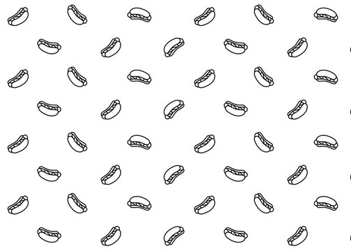 Hotdog illustration pattern with black line and white background, food packaging, menu illustration	