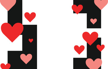A black letter i adorned with multiple red and pink hearts