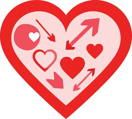 A red heart shape containing arrows and smaller hearts on a pink background