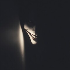 Mysterious figure with a sinister smile partially illuminated in darkness, creating an eerie atmosphere, evoking feelings of suspense and intrigue in a shadowy environment