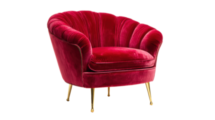 Red velvet armchair with gold legs, plush furniture evoking modern elegance and luxurious comfort on transparent background