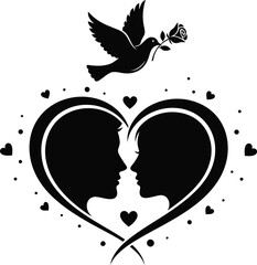 A symbolic image of love featuring a dove flower and embracing silhouettes