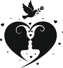 A silhouette of two faces within a heart with a bird and rose above