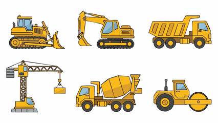 Yellow Heavy Construction Machinery Set.