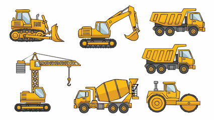 Construction Vehicles Set Bulldozer Excavator Crane Trucks Mixer.