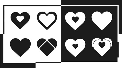 A collection of black and white heart shapes in varying styles and designs
