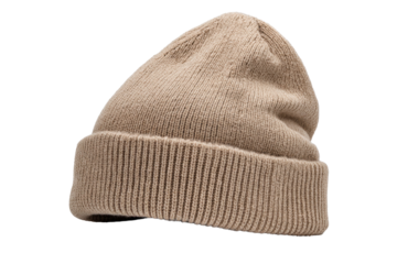 Tan knitted beanie hat with ribbed brim on black background beige