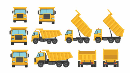 Dump Trucks Set Front Side Back Tipped Views.