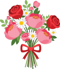 A vibrant bouquet of red roses pink peonies and delicate white daisies