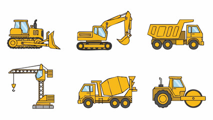 Yellow construction equipment icons set.
