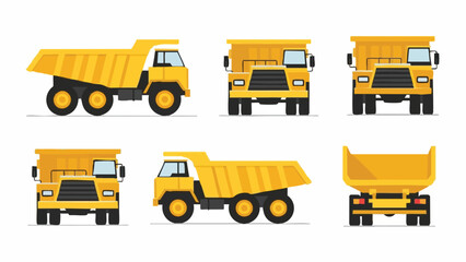 Yellow Dump Trucks Side Front Rear Views - Construction Vehicle Set.