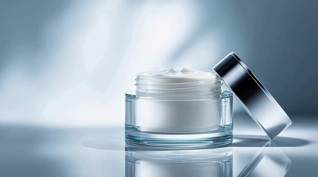Elegant cosmetic jar with creamy lotion, perfect for skincare routines. It exudes purity and luxury. 