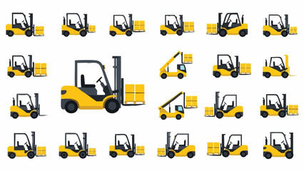 Yellow Forklift Truck Set Vector Graphics.