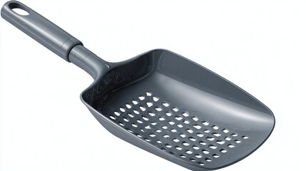 A grey cat litter scoop with multiple holes, ready to be used. The scoop is made of plastic and features a handle for easy gripping