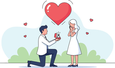 A romantic illustration of a man proposing to a surprised woman