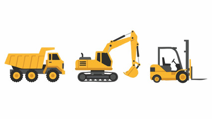 Heavy machinery set construction equipment dump truck excavator forklift.