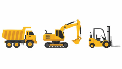 Yellow Construction Vehicles Dump Truck Excavator Forklift.