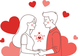 A couple holding hands surrounded by floating hearts on a pink background