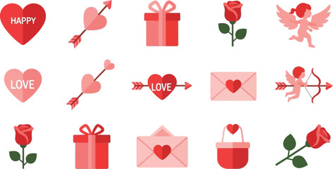 Valentine's Day icons: hearts roses gifts envelopes and cupid s arrow