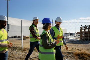 Construction team tours work site to discuss project progress