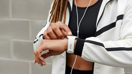 Woman wearing smartwatch and earbuds.